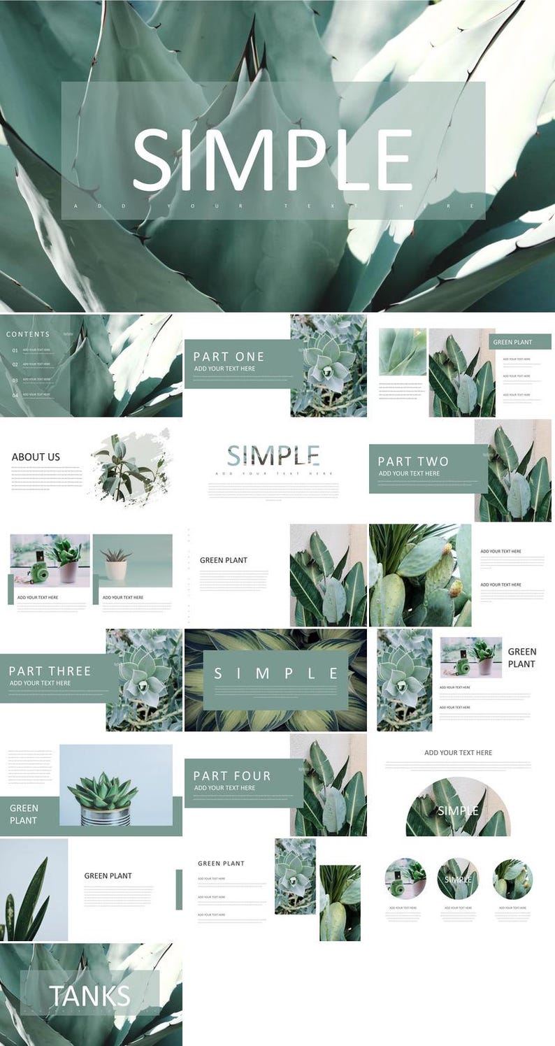 May include: A presentation template featuring a green plant theme. The slides display images of green plants and the text "SIMPLE" in a light green colour. The text "CONTENTS", "ABOUT US", "PART ONE", "PART TWO", "PART THREE", "PART FOUR", "GREEN PLANT", and "TANKS" are also included on the slides.