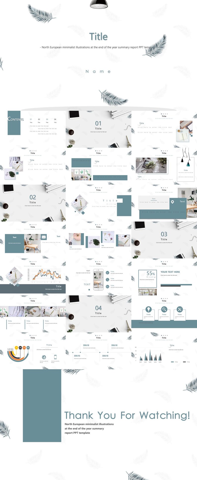 May include: A presentation template with a light blue and white colour scheme. The template features a minimalist design with illustrations of feathers and text that reads "North European minimalist illustrations at the end of the year summary report PPT template".