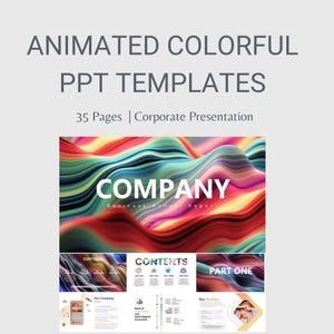Puede incluir: Una plantilla de presentación con el texto "ANIMATED COLORFUL PPT TEMPLATES" en la parte superior. La imagen principal presenta un diseño abstracto colorido con la palabra "COMPANY" en blanco. Diapositivas adicionales muestran "CONTENTS" y "PART ONE".
