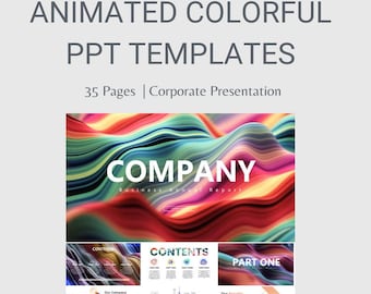 Modelo de apresentação de negócios animado com listras coloridas fluindo – Slides profissionais de PowerPoint de 35 páginas