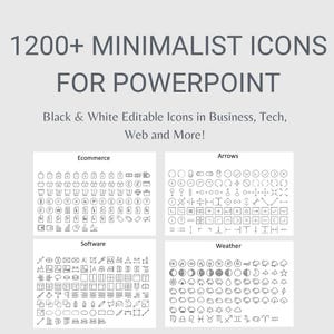 Puede incluir: Una colección de más de 1200 iconos minimalistas para PowerPoint, con iconos editables en blanco y negro en categorías como comercio electrónico, software, flechas y clima.