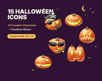 Ícones de abóbora de Halloween, 15 arquivos PNG transparentes para PowerPoint e planejadores digitais.