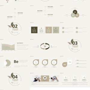 May include: A presentation template with a beige background and green leaves. The template includes a title slide, a content slide, a product slide, a mission slide, and a thank you slide. The template is designed to be used for business presentations.