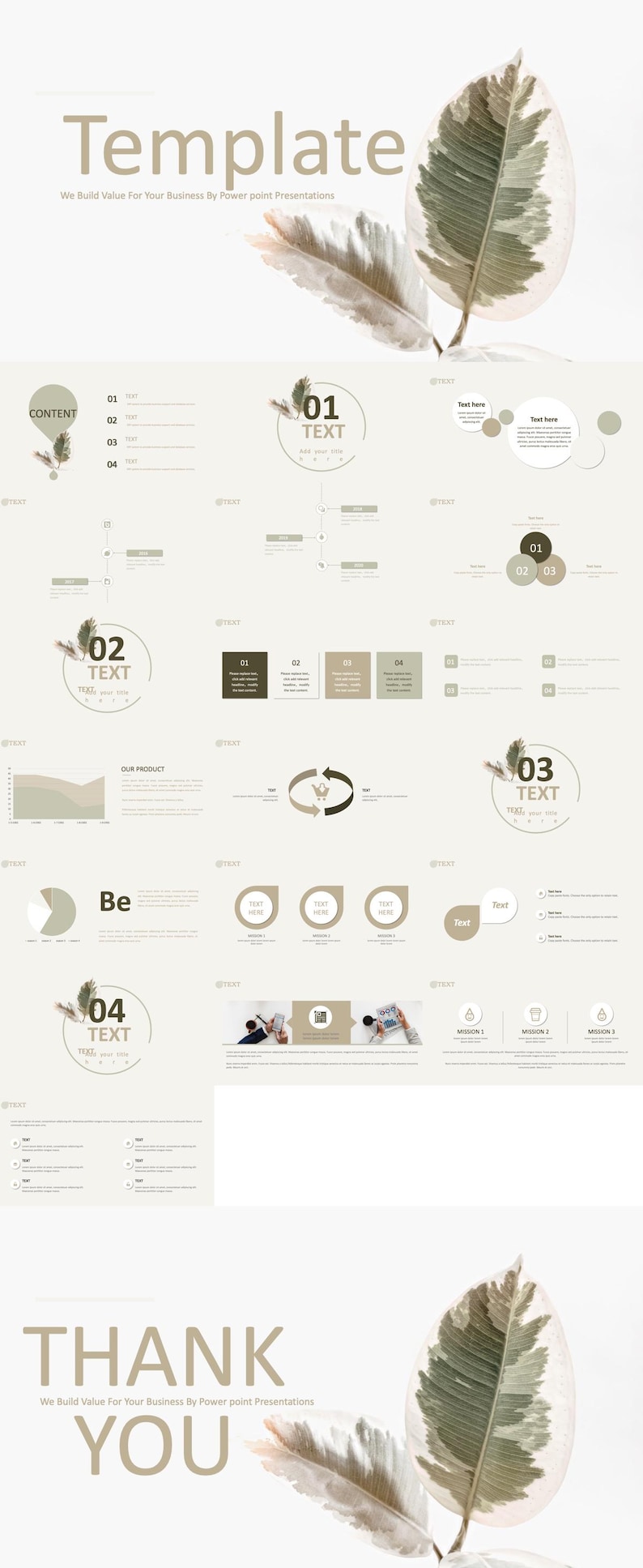 May include: A presentation template with a beige background and green leaves. The template includes a title slide, a content slide, a product slide, a mission slide, and a thank you slide. The template is designed to be used for business presentations.