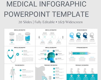 Modelo de PowerPoint com infográfico médico: 20 slides editáveis ​​para apresentações nas áreas de medicina, enfermagem e pesquisa.