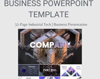 May include: A 32-page PowerPoint template for business presentations. The template features a geometric design with a purple and grey colour scheme. The text "COMPANY" is displayed in white on a purple background. The template is designed for industrial tech businesses.