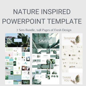 May include: A PowerPoint template bundle with 7 sets and 148 pages. The template features a nature-inspired design with green plants and a simple, clean layout. The text "GREEN", "SIMPLE", and "Template" is visible on the slides.