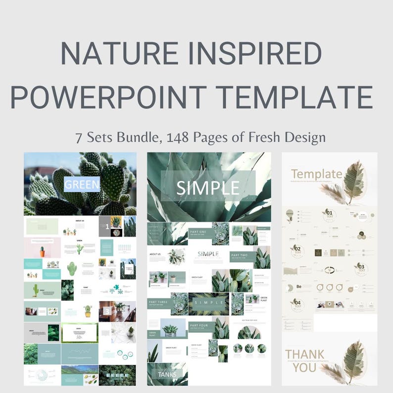 May include: A PowerPoint template bundle with 7 sets and 148 pages. The template features a nature-inspired design with green plants and a simple, clean layout. The text "GREEN", "SIMPLE", and "Template" is visible on the slides.