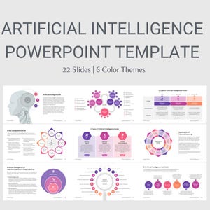 May include: A PowerPoint template with 22 slides and 6 colour themes for presentations about artificial intelligence. The template features various diagrams and charts with pink, purple, and orange colours.