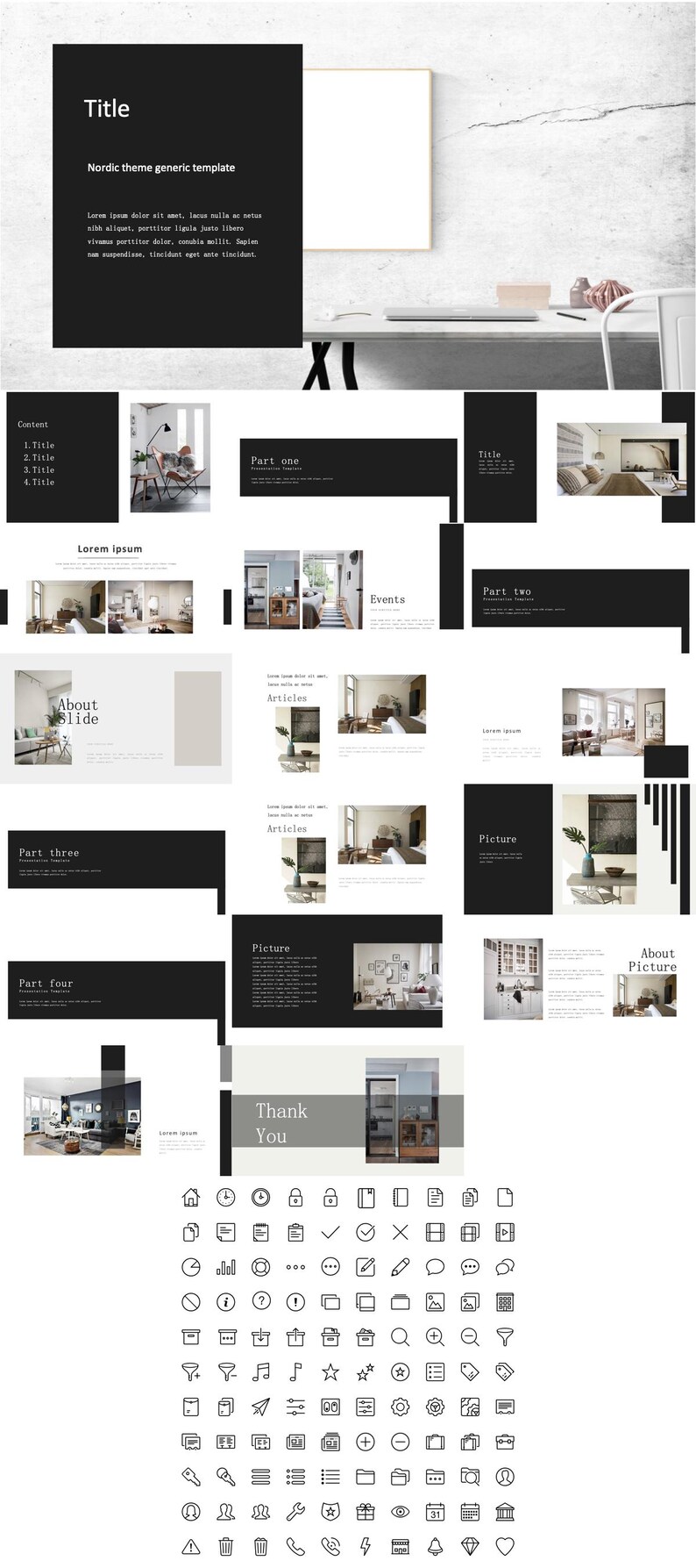 May include: A presentation template with a black and white colour scheme. The template features a variety of slides with different layouts, including title slides, content slides, and image slides. The template also includes a set of icons that can be used to enhance the presentation.