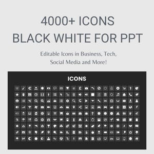 Puede incluir: Una cuadrícula en blanco y negro de más de 4.000 iconos para usar en presentaciones. Los iconos son editables y cubren una amplia gama de categorías, que incluyen negocios, tecnología, redes sociales y más.