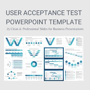 Może przedstawiać: Szablon prezentacji PowerPoint w kolorze niebieskim i białym do testów akceptacji użytkownika. Szablon zawiera 25 slajdów z różnymi wykresami i diagramami, w tym diagram w kształcie litery W, diagram w kształcie litery V i oś czasu.