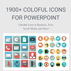 May include: A grid of colorful icons representing various business, technology, and social media concepts. The icons are arranged in a 6x6 grid with a white background. The text "1900+ COLOFUL ICONS FOR POWERPOINT" is at the top of the image. The text "Editable Icons in Business, Tech, Social Media and More!" is below the grid of icons.