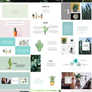 May include: A green presentation template with the word "GREEN" in a light blue box at the top. The template includes images of plants, cacti, and other greenery. The template also includes text boxes, charts, and graphs.