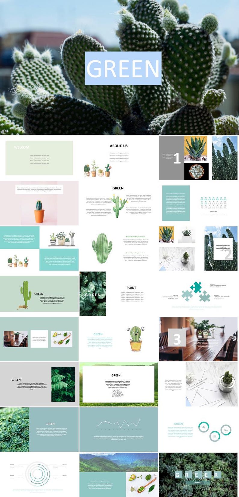 May include: A green presentation template with the word "GREEN" in a light blue box at the top. The template includes images of plants, cacti, and other greenery. The template also includes text boxes, charts, and graphs.