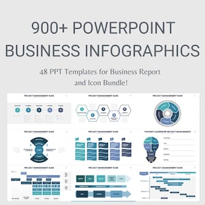 May include: A collection of 48 PowerPoint templates for business reports and icon bundles. The templates feature various project management diagrams, including timelines, flowcharts, and process maps. The color scheme is blue and green.