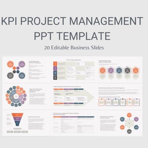 May include: A PowerPoint template for project management with 20 editable slides. The slides feature various charts, graphs, and diagrams related to key performance indicators (KPIs) for project management. The template is designed to help users track and measure project progress, identify areas for improvement, and make data-driven decisions.