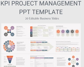 PowerPoint de Gerenciamento de Projetos de KPI | 20 Slides de Negócios Editáveis | Modelos de Painel de Desempenho e Métricas