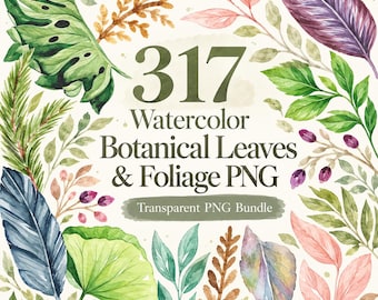 Pacote com 317 imagens PNG de folhas e folhagens botânicas em aquarela, com fundo transparente.