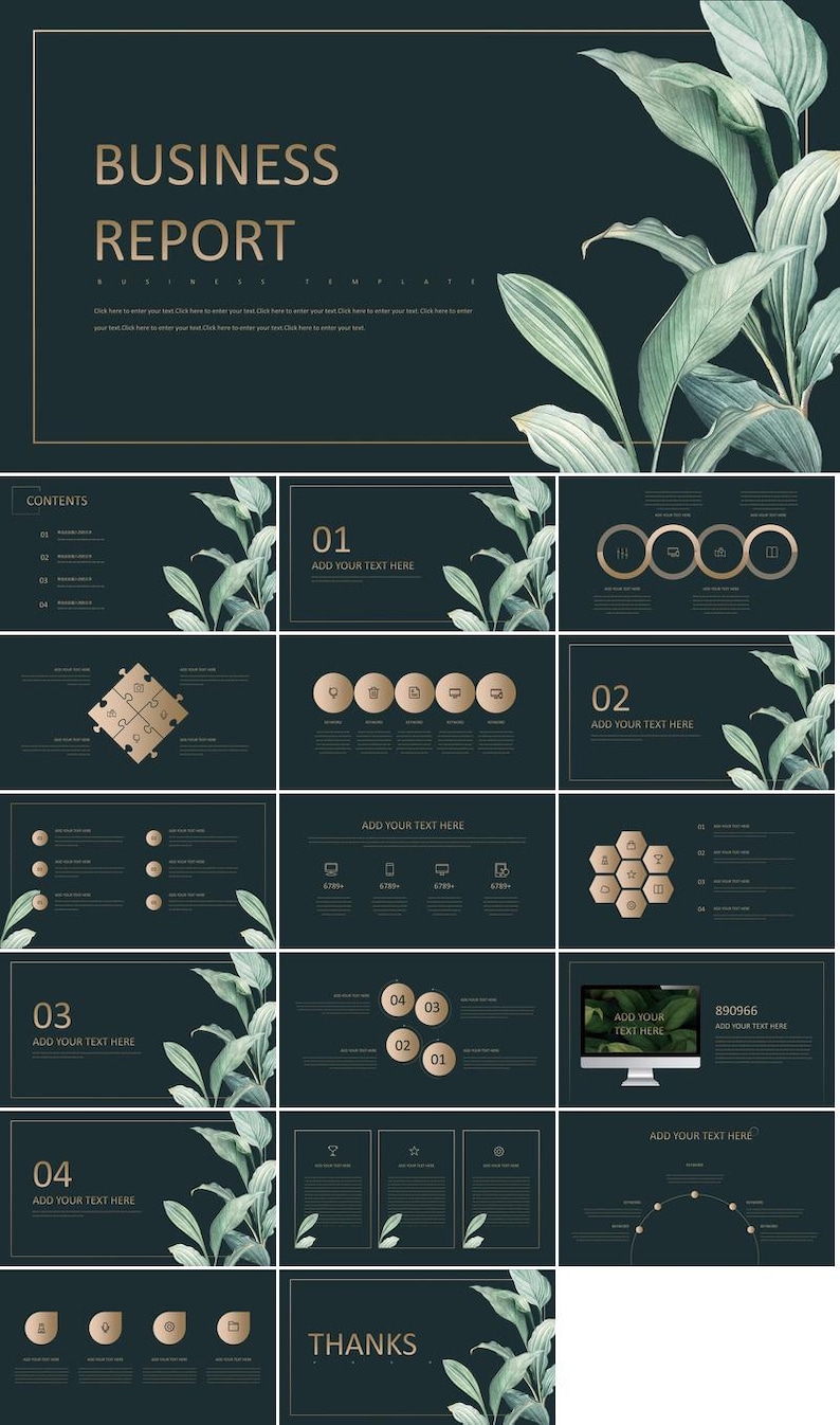 Puede incluir: Una plantilla de presentaci&oacute;n verde oscuro con acentos dorados y un dise&ntilde;o bot&aacute;nico de hojas. La plantilla incluye el texto "BUSINESS REPORT" y "CONTENTS".