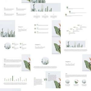 May include: A presentation template featuring a green and white cactus theme. The template includes a title slide, chapter slides, and a thank you slide. The slides are decorated with illustrations of cacti and leaves. The template also includes a set of icons.