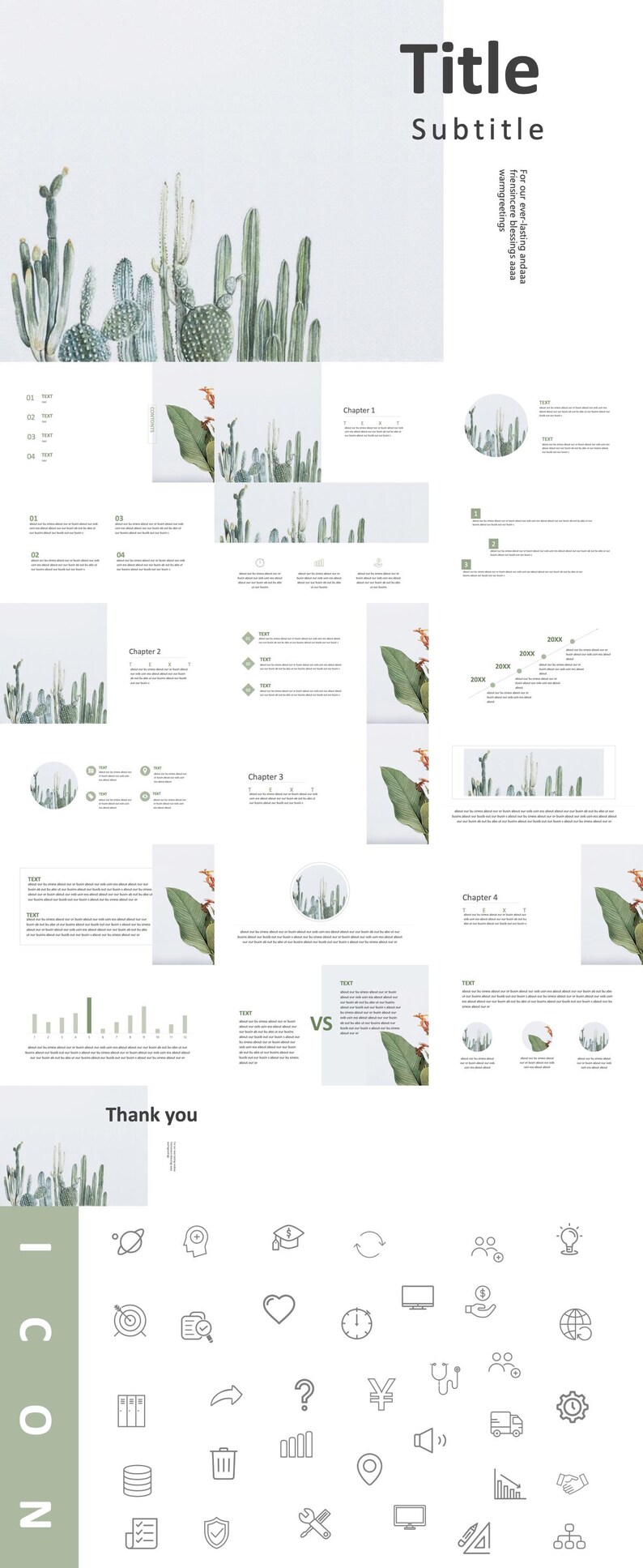 May include: A presentation template featuring a green and white cactus theme. The template includes a title slide, chapter slides, and a thank you slide. The slides are decorated with illustrations of cacti and leaves. The template also includes a set of icons.