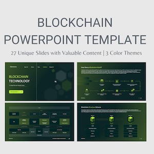 Può includere: Un modello PowerPoint intitolato "BLOCKCHAIN POWERPOINT TEMPLATE". L'immagine mostra quattro diapositive con una combinazione di colori verde scuro e nero. Le diapositive contengono testo e grafica relativi alla tecnologia blockchain.