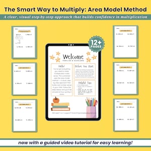 Könnte beinhalten: Ein digitales Arbeitsblatt mit dem Titel "The Smart Way to Multiply: Area Model Method" mit gelbem Hintergrund. Das Arbeitsblatt enthält Multiplikationsaufgaben und einen Leitfaden für Familien und Schüler. Das Bild enthält auch den Text "12+ PAGES".
