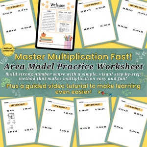 Può includere: Una raccolta di schede didattiche di moltiplicazione con esercizi di modelli di area, una guida di benvenuto per famiglie e studenti e testo didattico su uno sfondo verde con simboli matematici e un badge di download immediato.