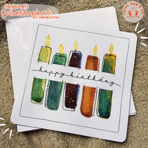 Cartão de aniversário pintado à mão *Velas* em aquarela - com detalhes dourados!