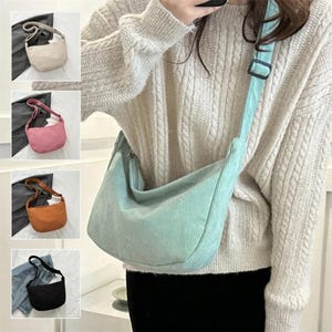 Sac à bandoulière minimaliste en velours côtelé - Porte-monnaie souple avec fermeture à glissière - Sac fourre-tout décontracté sous les bras - Sac en tissu rétro pour femme