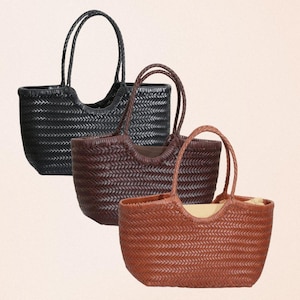 Einkaufstasche aus geflochtenem Leder - Handgewebter Korb aus echtem Rindsleder - Schultertasche im Vintage-Stil - Große Ledertasche - Geschenk für Sie