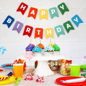 May include: A colorful Happy Birthday banner hangs above a white cake stand with six cupcakes decorated with colorful frosting and sprinkles. The cupcakes are on a white cake stand with a white background.