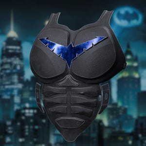 May include: Black Nightwing chest armour with a blue emblem. The armour has a textured surface and is designed to fit the torso. The Nightwing symbol is prominently displayed on the chest.