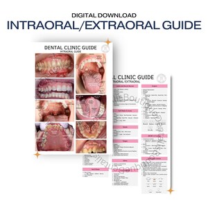 Puede incluir: Una descarga digital que presenta una guía de clínica dental con el texto "INTRAORAL/EXTRAORAL GUIDE". La guía incluye imágenes de dientes y estructuras orales, con diagramas y etiquetas detalladas. La combinación de colores es blanca y rosa.