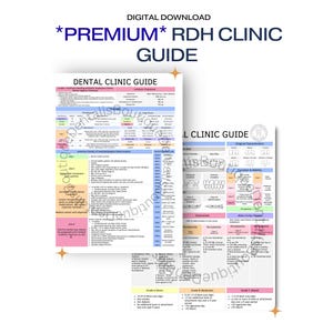 Puede incluir: Se muestran dos guías de clínica dental sobre un fondo blanco. Las guías tienen gráficos y diagramas coloridos con texto. La parte superior de la imagen dice "DIGITAL DOWNLOAD *PREMIUM* RDH CLINIC GUIDE".