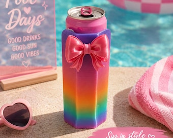 Rainbow Sip Sidekick, 12oz Skinny Can Holder, Energy Drink Holder with Handle, Cute Coquette Drink Accessory, Girls Trip Poolside Drinkware