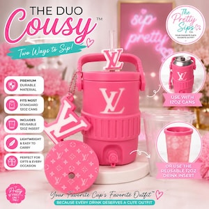 May include: A bright pink insulated drink cooler with a white logo, featuring a matching lid with a repeating pattern, a straw, and a removable charm. The set includes a clear 12oz insert for beverages, designed to hold standard 12oz cans.