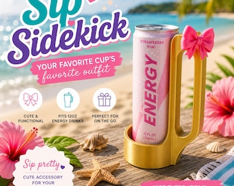 Sip Sidekick Energy Drink Holder with Handle, 12oz Skinny Can Holder, Cute Bow Drink Accessory, Coquette Can Cooler, Girly Energy Drink Hold