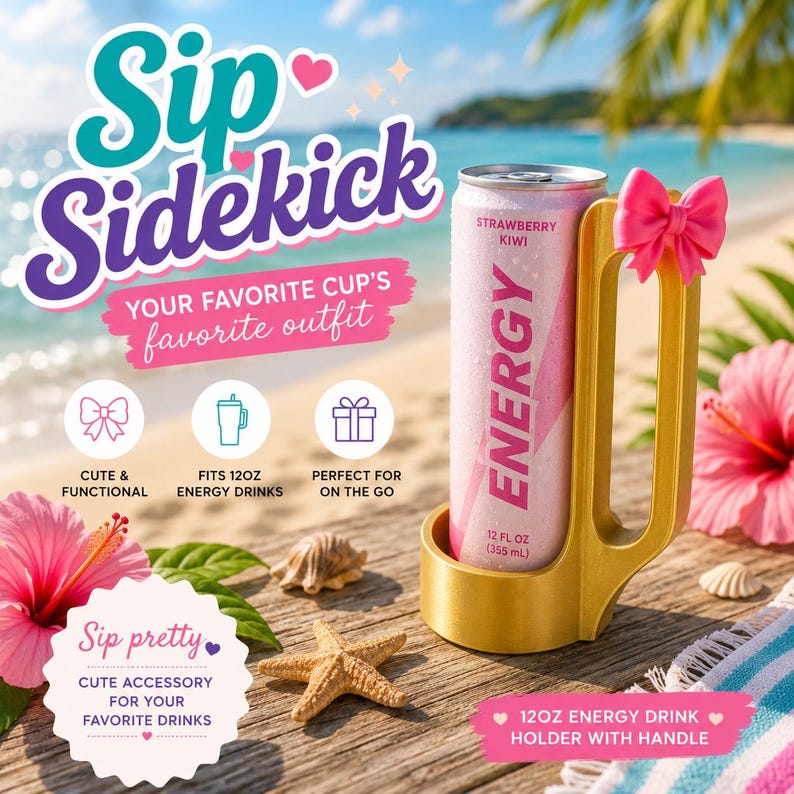 May include: A pink and gold drink holder with a handle, holding a strawberry kiwi energy drink can. The can is 12 fl oz (355 mL). The holder has a pink bow attached. Text on the image says "Sip Sidekick" and "Sip pretty."
