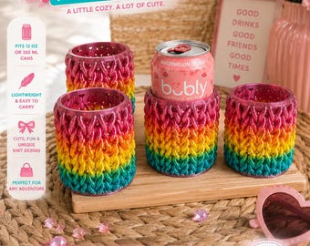Sip Sweater Can Holder, 12oz Can Cooler Sleeve, Cute Rainbow Drink Holder, Girls Trip Drink Accessory, Trendy Coquette Can Koozie