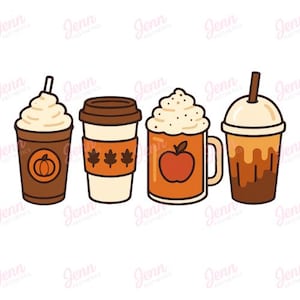 Puede incluir: Ilustración de cuatro bebidas calientes con temática otoñal. Incluyen un café con leche de calabaza especiada, un café con una funda con estampado de hojas, una sidra de manzana y un café frío. Cada bebida tiene un diseño y un adorno únicos.