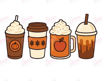 May include: Four fall-themed coffee drinks are depicted in a row. The drinks include a pumpkin spice latte, a coffee with a leaf-adorned sleeve, an apple cider, and a cold brew. Each drink has a different design and topping.