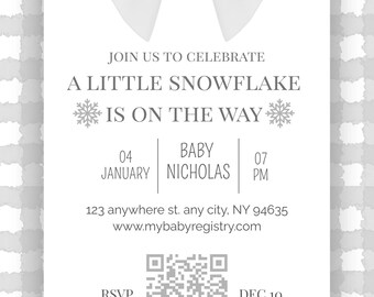 Winter Snowflake Baby Shower Invitation: Silver & Blue Canva Template (Digital Download)