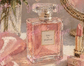 May include: A still-life painting featuring a pink perfume bottle with a crystal stopper, labeled "EAU DE PARFUM." Other items include a lipstick, a small mirror, a bouquet of pink flowers, a ribbon, and two gold rings. The words "JE T'AIME" are visible.