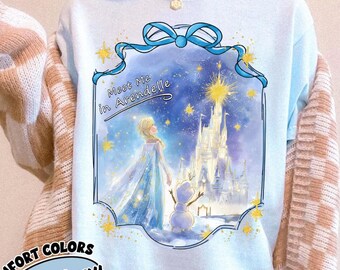 Disney Frozen Meet Me in Arendelle Princess Elsa and Olaf Watercolor T-Shirt, Disneyland Family Vacation Shirt, Magic Kingdom Winter Castle