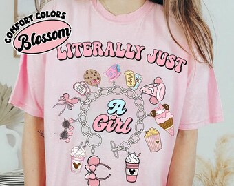 Camiseta rosa acuarela con el encanto "Literally Just A Girl" de Disney, camiseta de vacaciones en Disneyland de WDW, vacaciones familiares, camiseta a juego para el viaje de Disney Girl de WDW