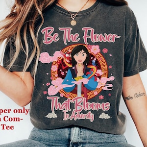 Disney Mulan Princess Warrior Floral Retro T-Shirt, Mulan Be The Flower That Blooms in Adversity T-Shirt, Disneyland Princess Girl Trip Tee