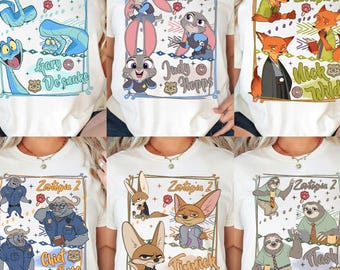 Disney Zootopia Film 2026 Charaktere Porträt Shirt, Judy Hopps Nick Wilde Geburtstag T-Shirt, Disneyland Geburtstag Familie Passende Reise Shirt