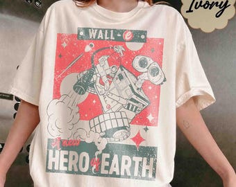 Comfort Color Retro Wall-E en Eve Space Robots Love Shirt, Disney Pixar Film Disney Tee, Disneyworld Kleding, Familievakantie Disney Trip